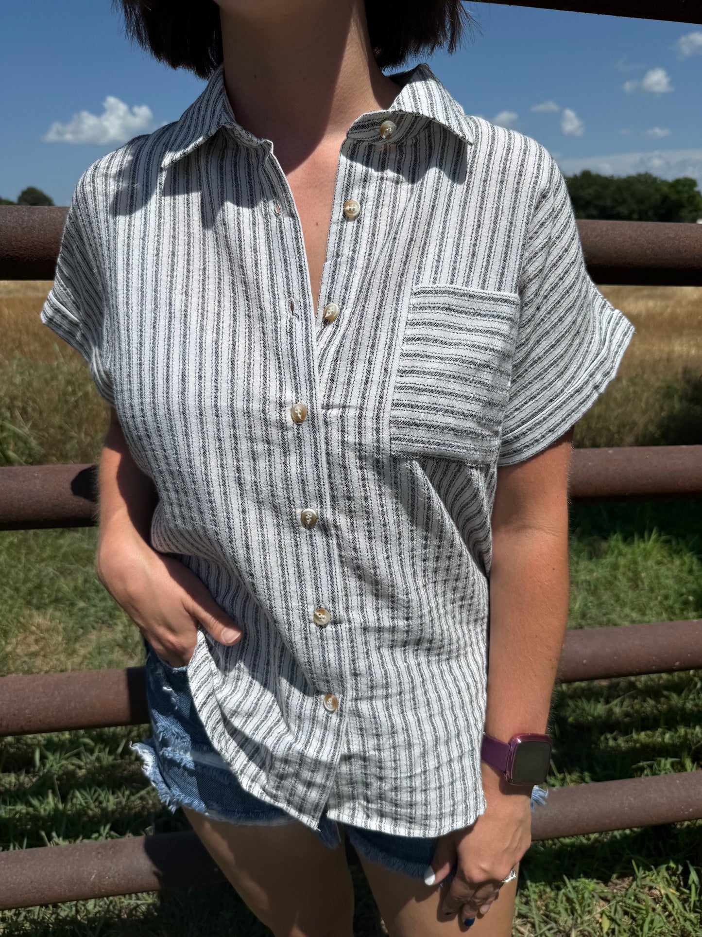 Black and White Striped Button Top