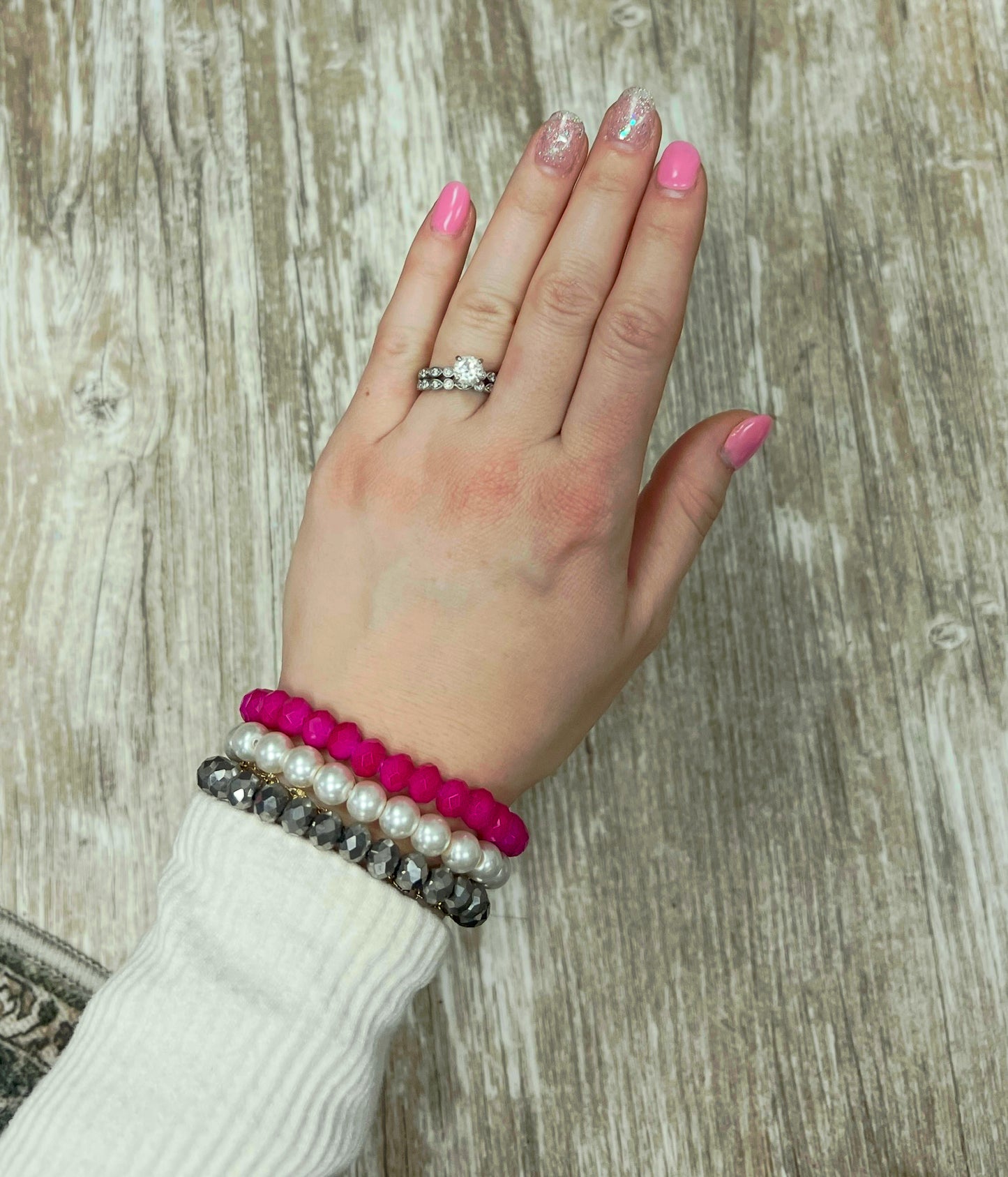Fuschia/Grey/Pearl Beaded Bracelet Stack