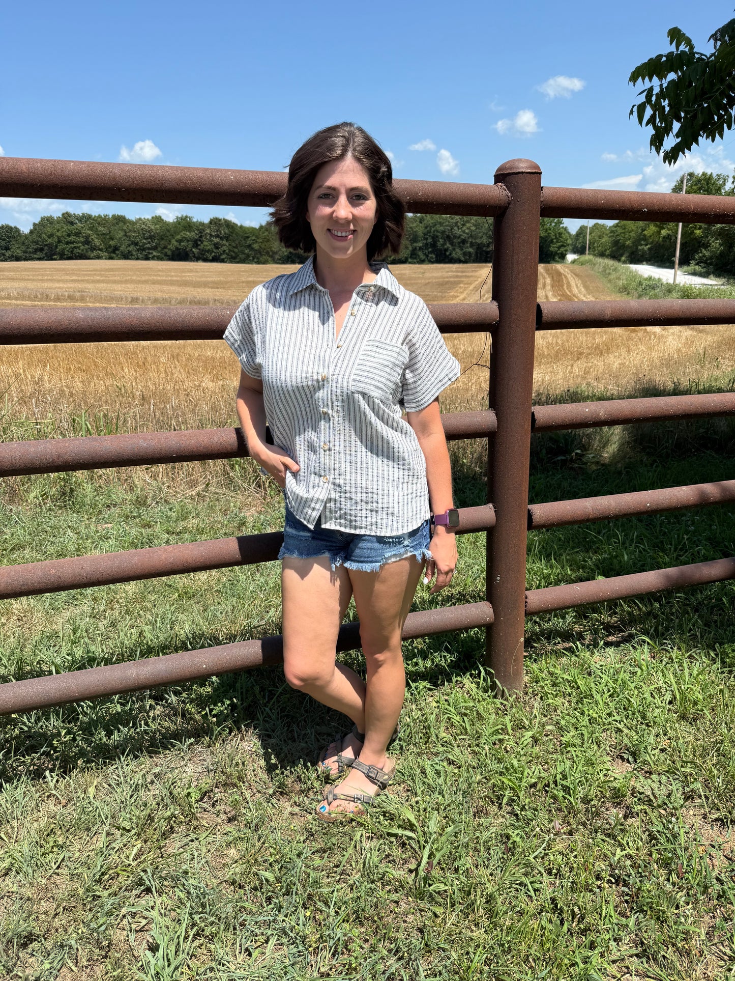 Black and White Striped Button Top