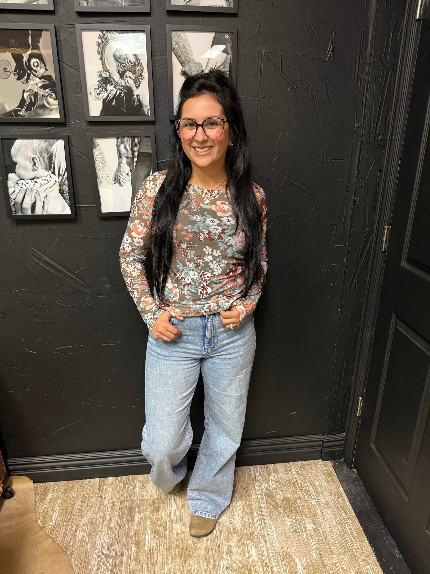 Green Floral Mesh Top