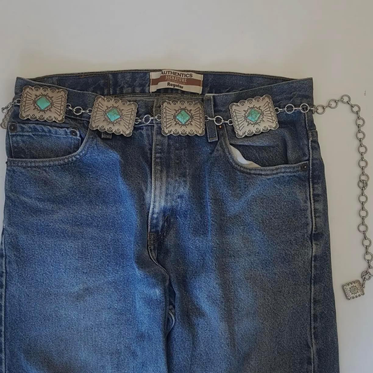 Silver Concho Chain Belt with Turquoise Stones