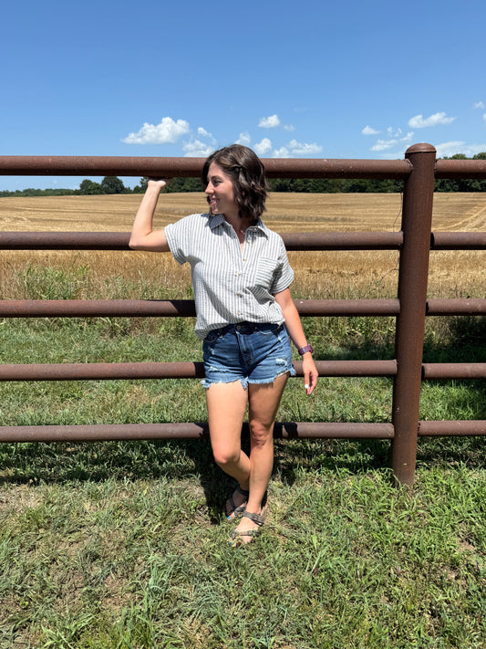 Black and White Striped Button Top