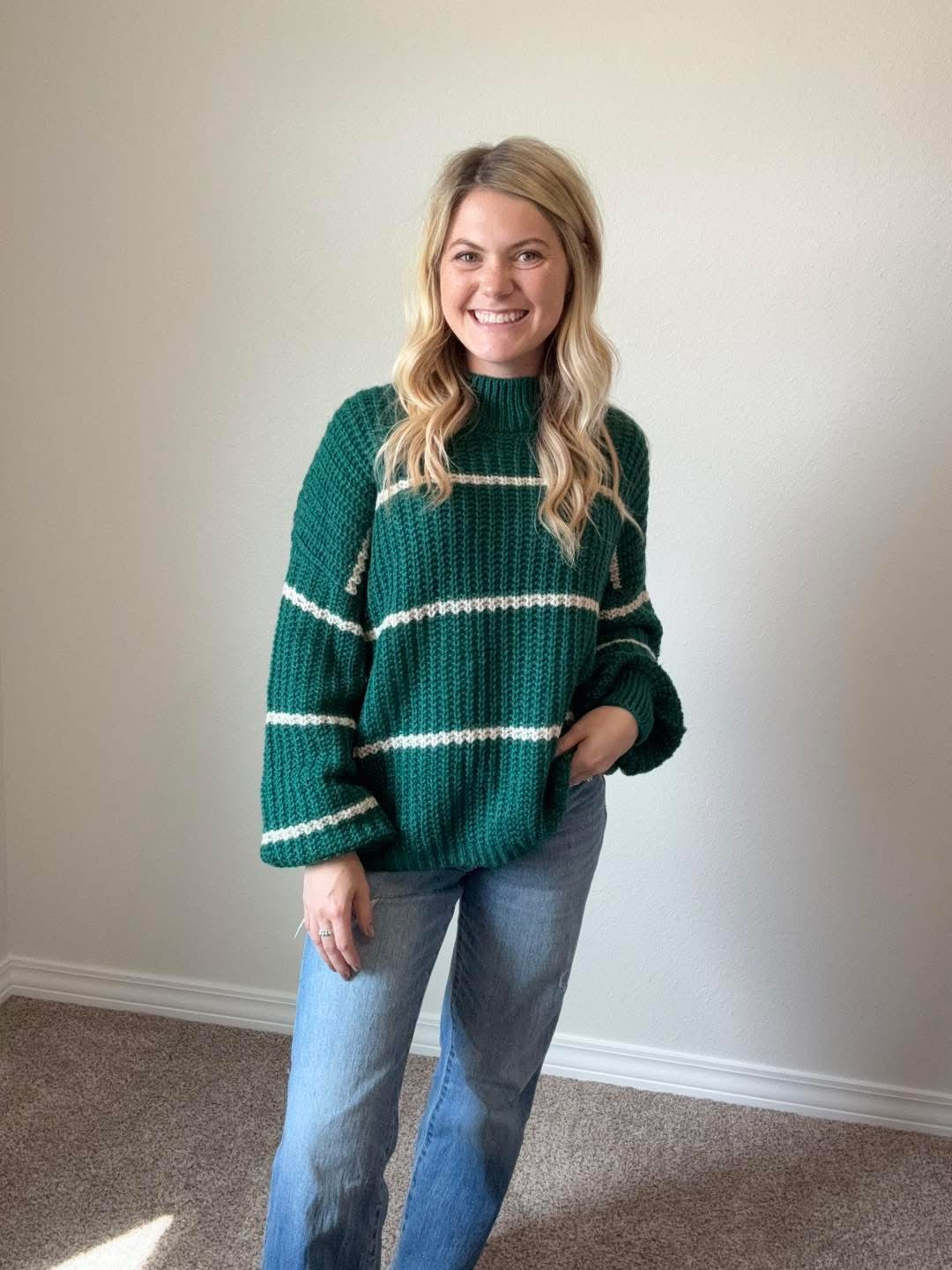 Green and White Striped Sweater
