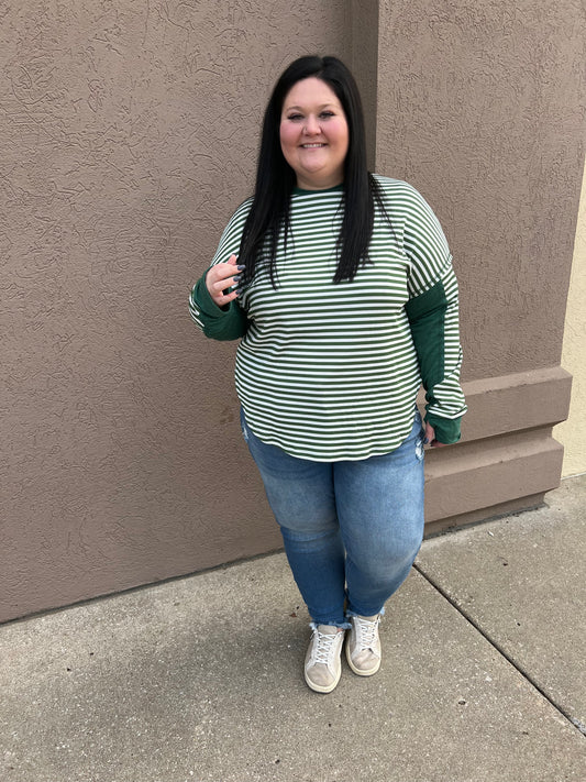 Plus Green & White Striped Top