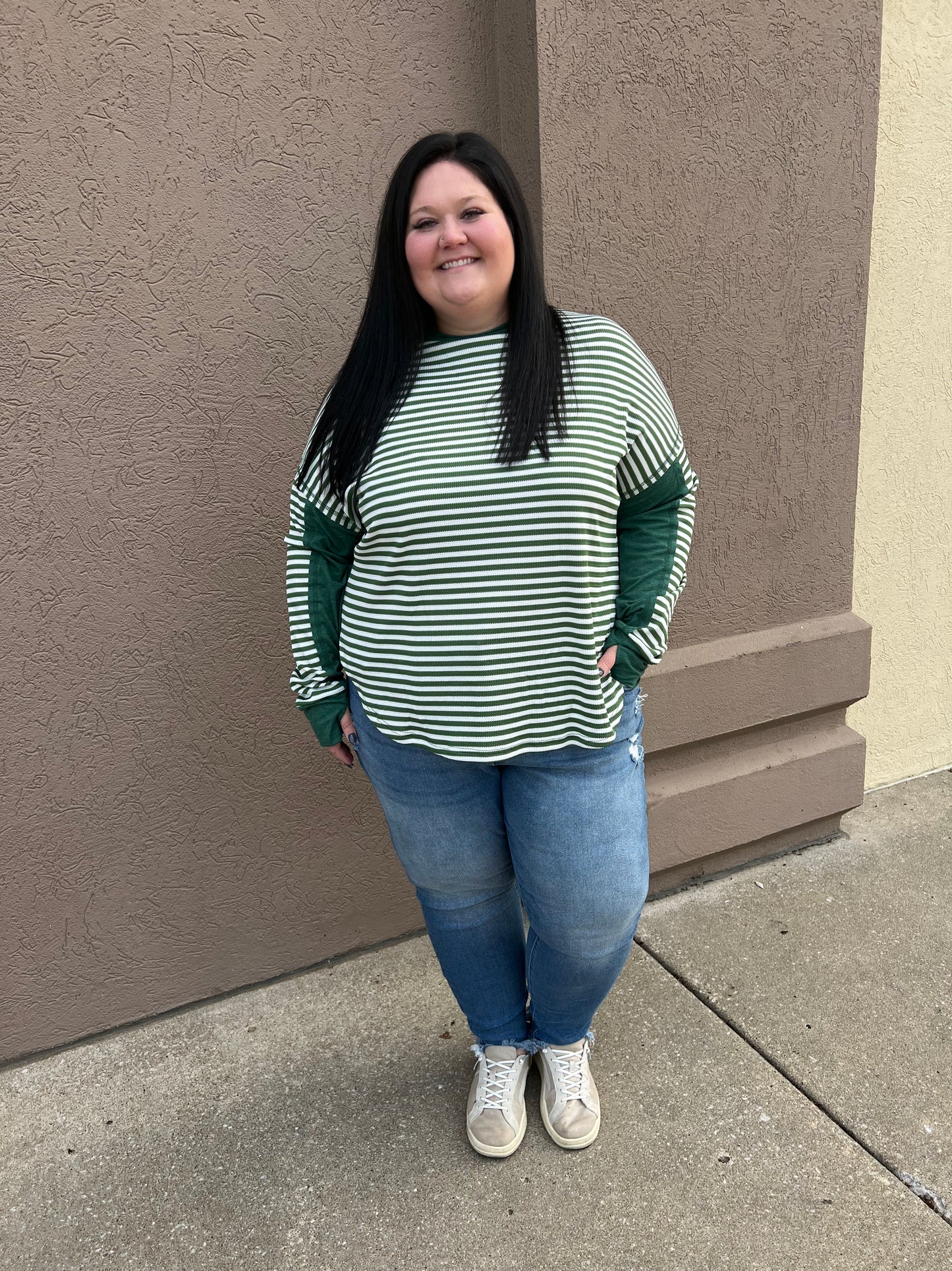Plus Green & White Striped Top