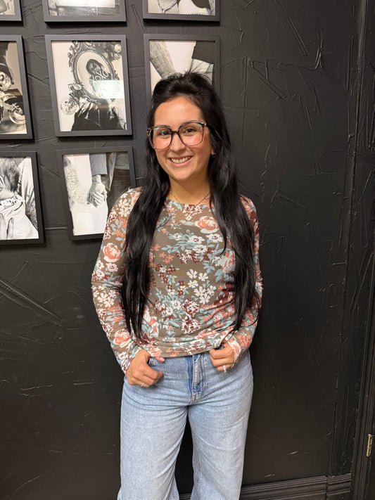 Green Floral Mesh Top