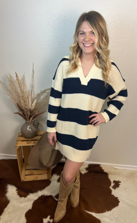 Navy Striped Sweater Dress