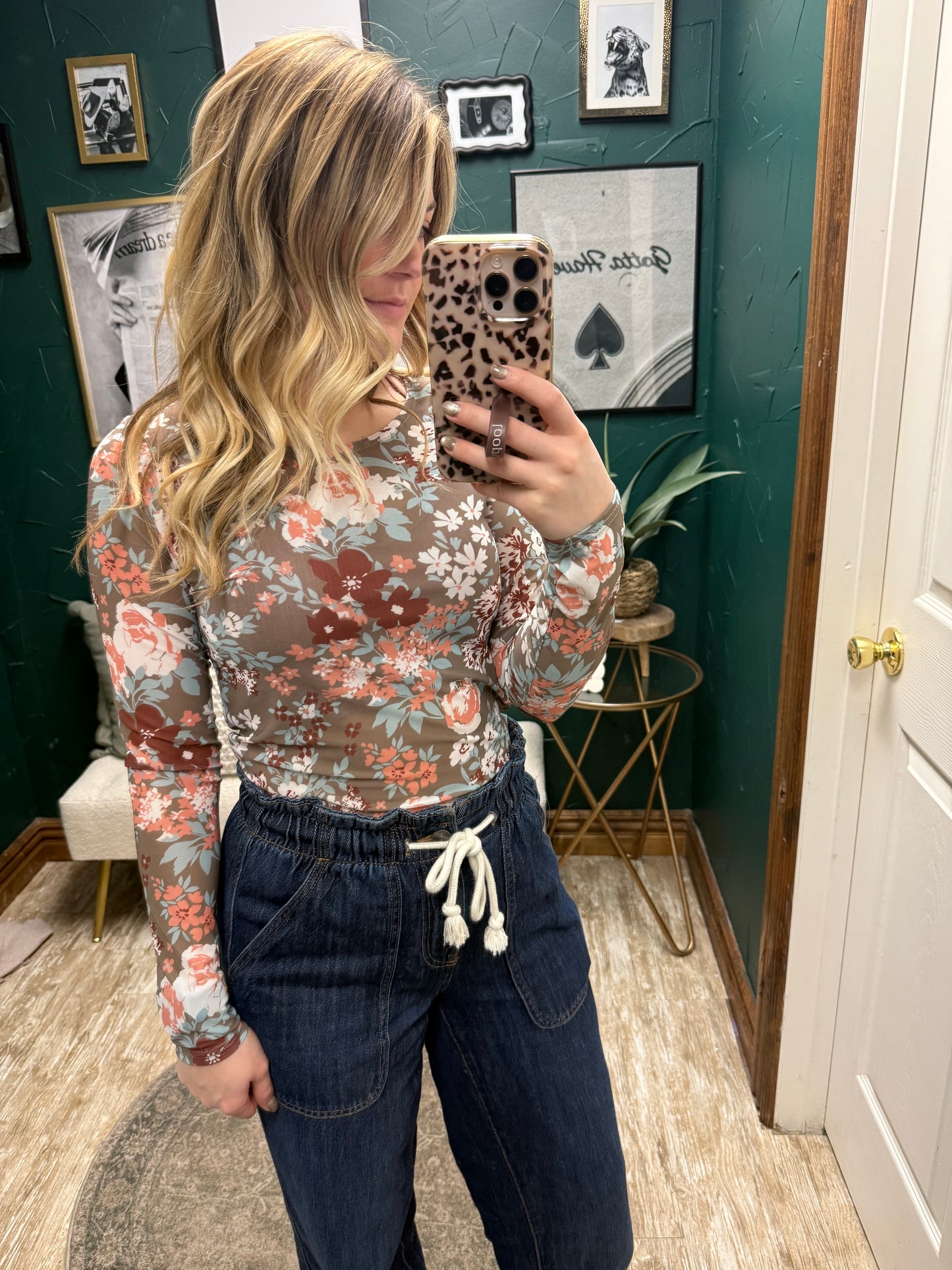 Green Floral Mesh Top