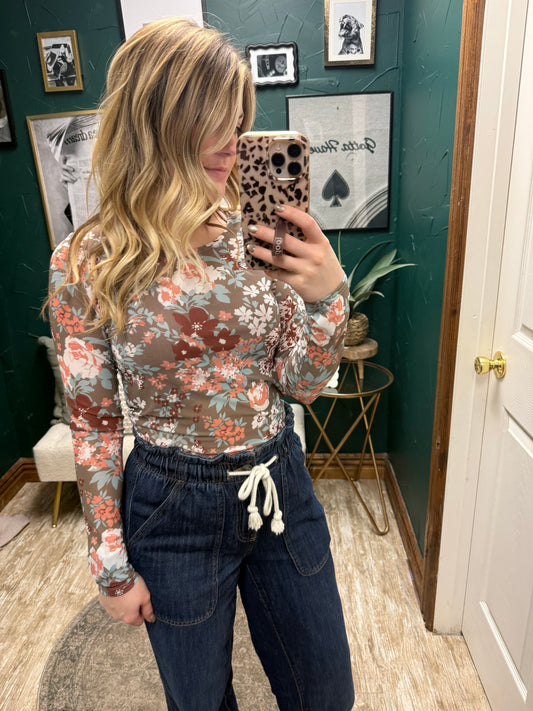 Green Floral Mesh Top