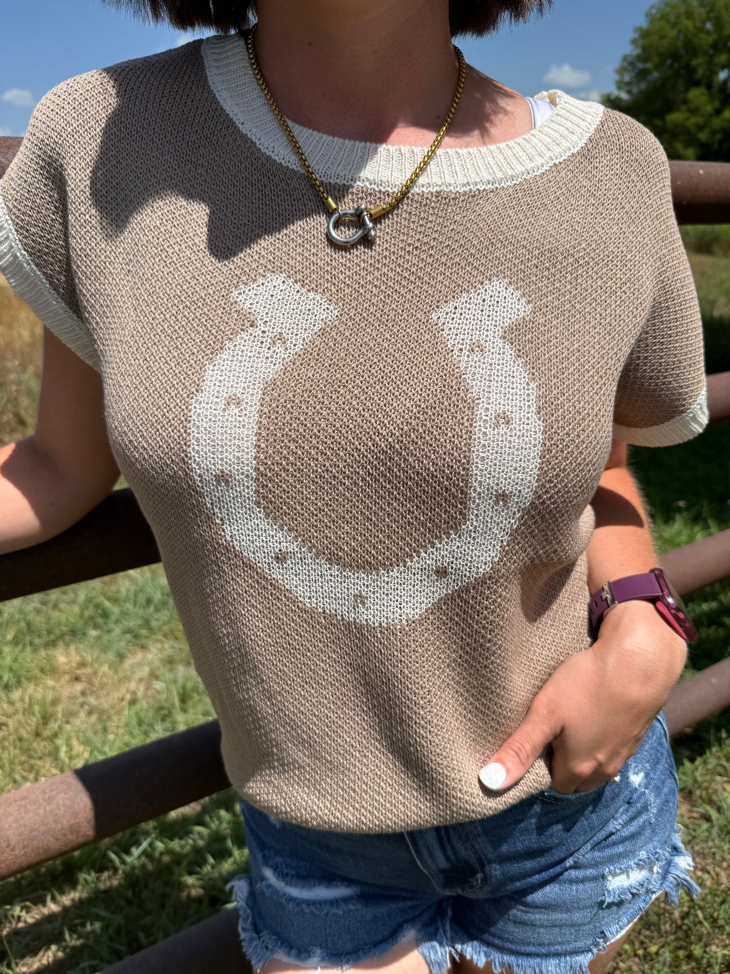 Horseshoe knit short-sleeve sweater