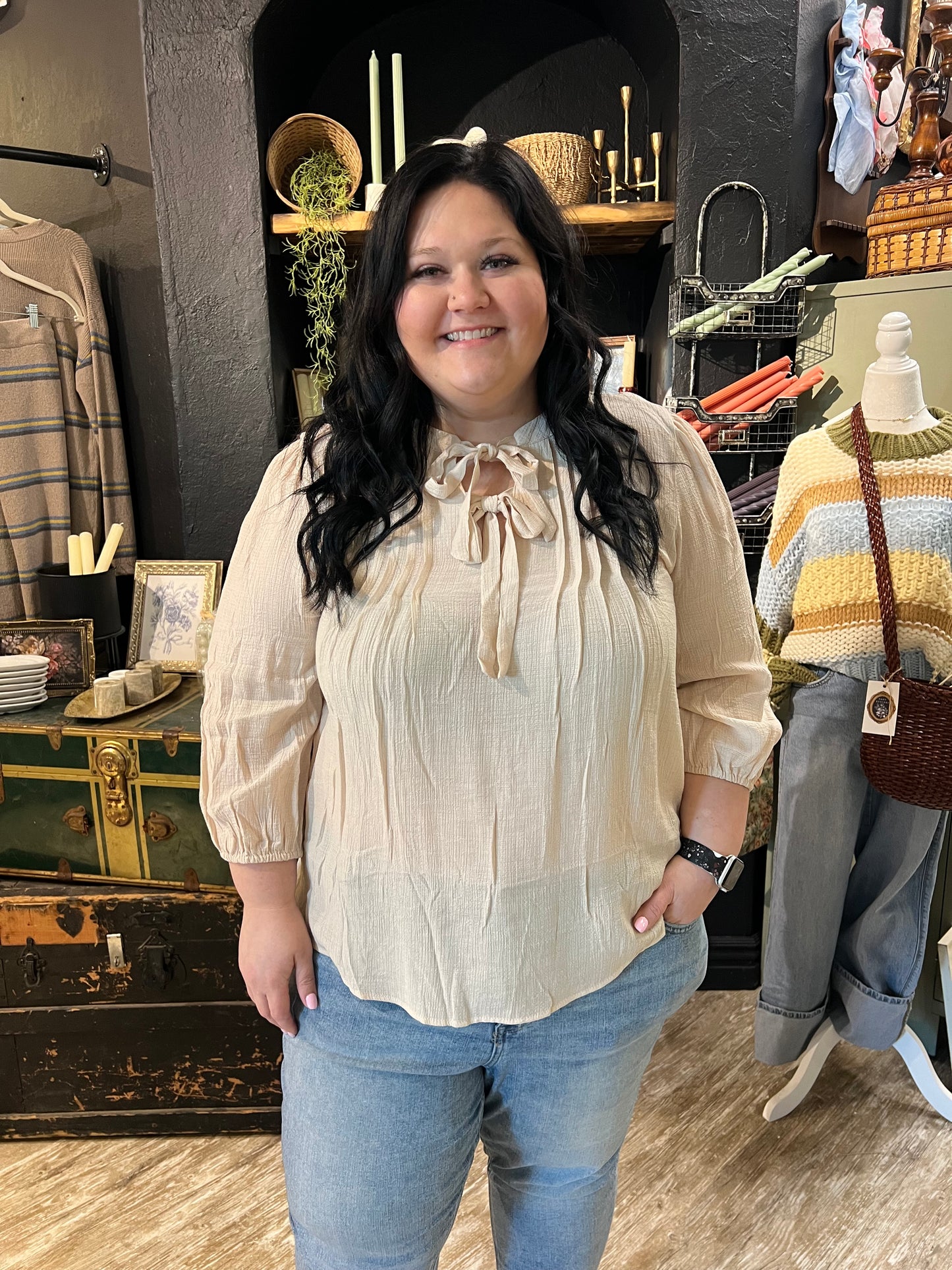 Plus Tie 3/4 Sleeve Top