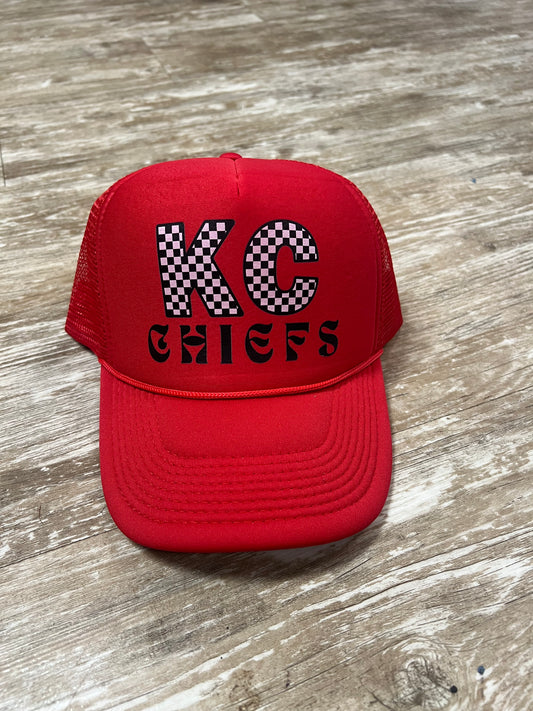 Red KC Chiefs Checkered Trucker Hat