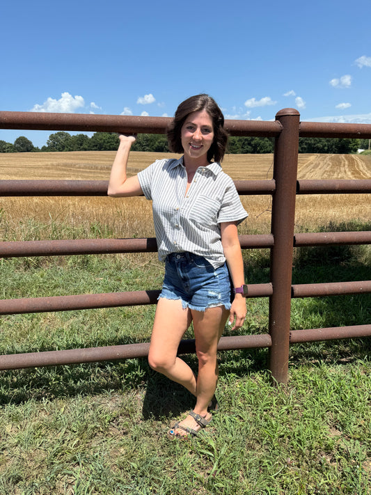 Black and White Striped Button Top