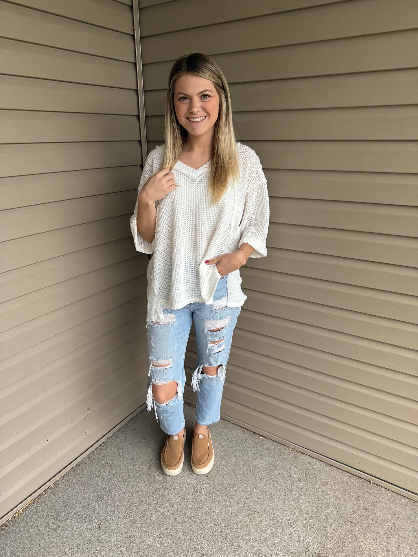 White Waffle Knit 3/4 Sleeve Top