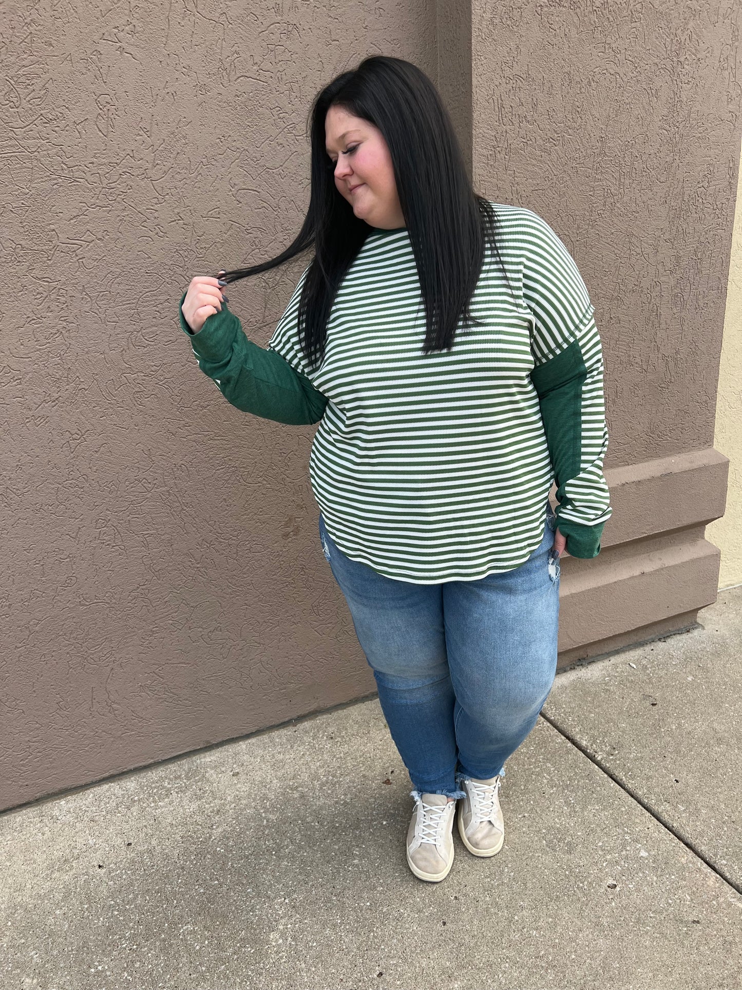 Plus Green & White Striped Top