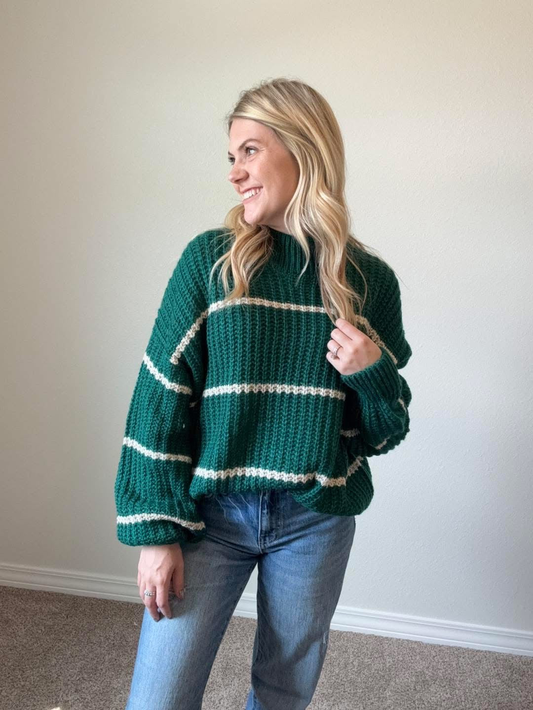 Green and White Striped Sweater