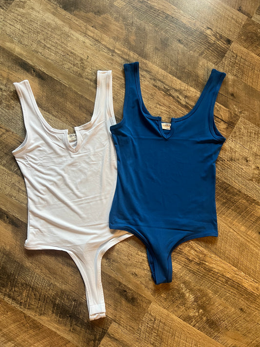 Blue Split Neck Bodysuit