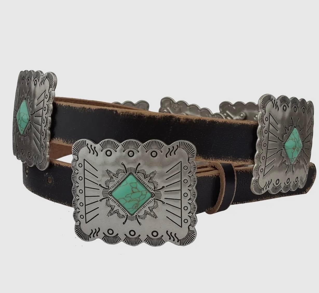 Leather Concho Chain Belt with Turquoise Stones