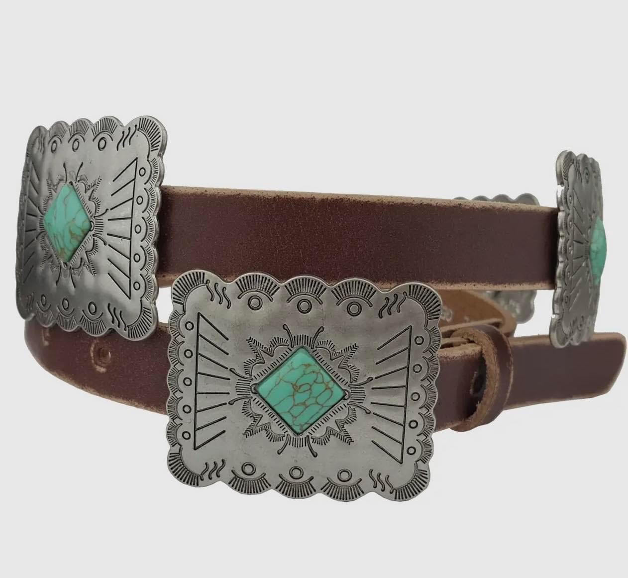 Leather Concho Chain Belt with Turquoise Stones